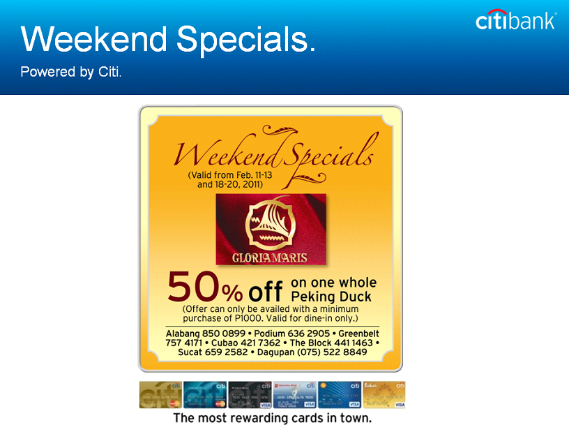 citibank weekend specials gloria maris 50% Off on One Whole Peking Duck at Gloria Maris!